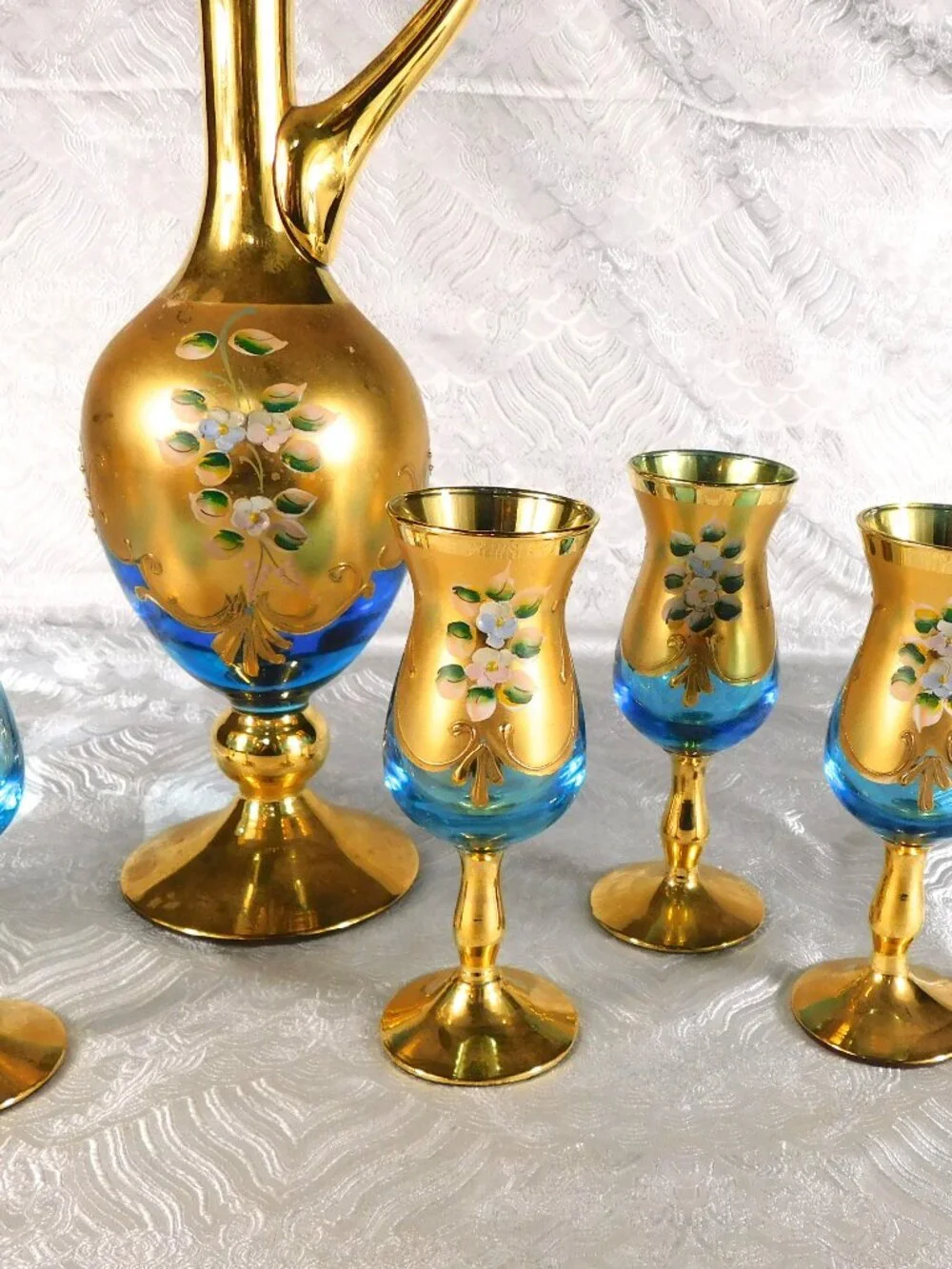 Blue Glass Decorative Decanter with Six Matching Glasses # 27780
